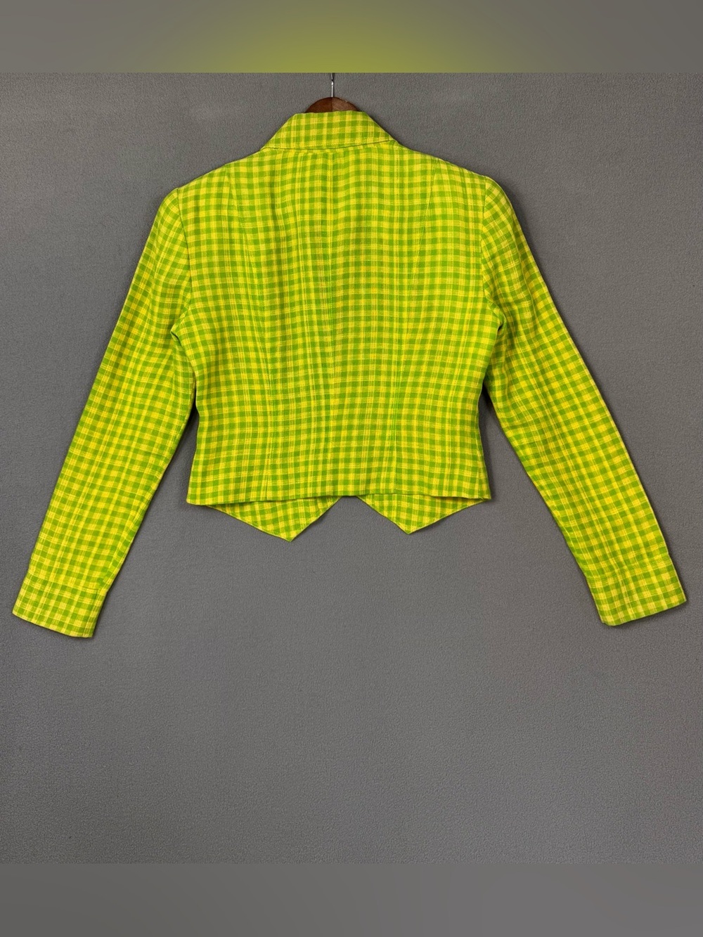 Vintage 90’s Dana Buchman Linen Lime Green + Yellow Gingham Blazer Jacket, 4 - Picture 7 of 13